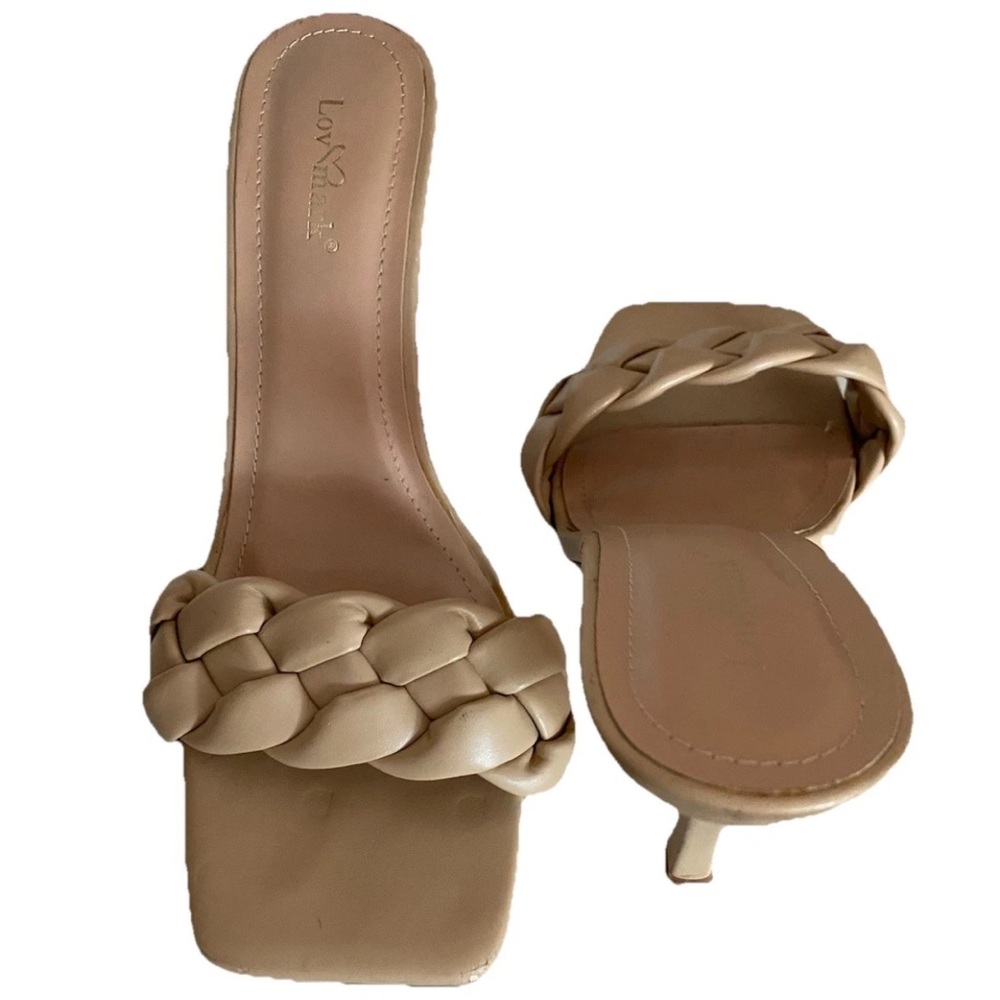 Lov Mark ❤️ Braided Strap Square Toe Ashley Mule Heeled Sandal Women’s Sz 8 Nude - Picture 10 of 13